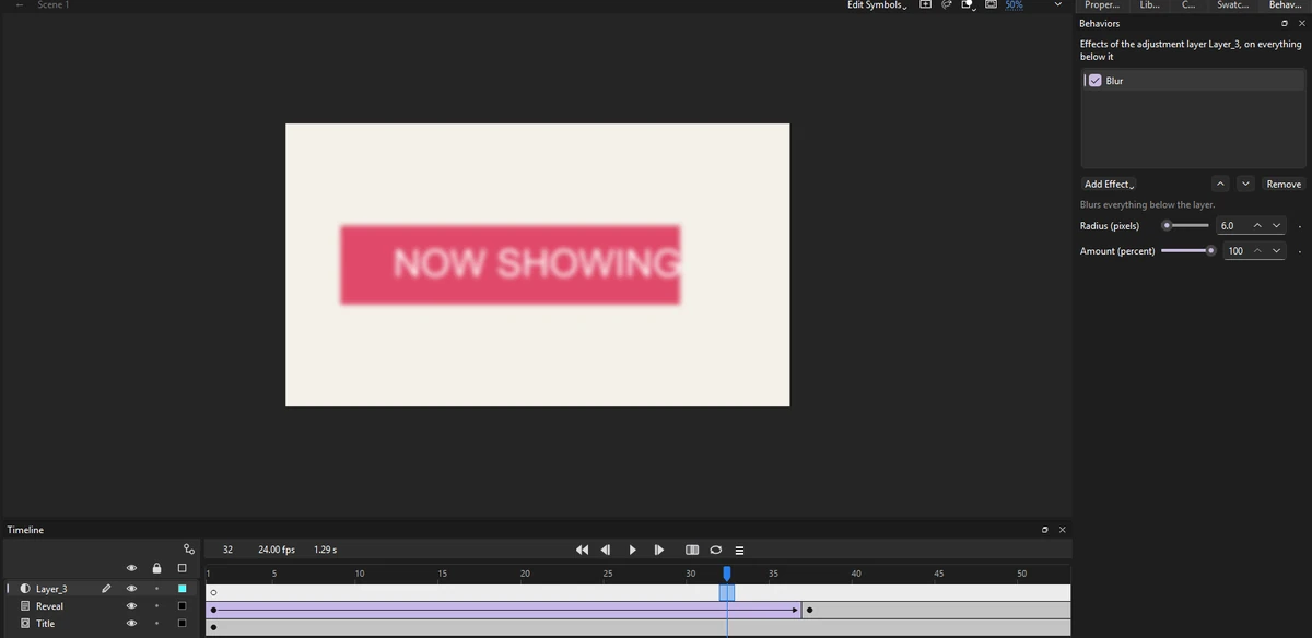 Phoenix with a blurred title on the stage, the timeline showing an adjustment layer on top with a half-filled circle icon and the Title layer with a matte icon, and the Behaviors panel showing the Blur effect of the adjustment layer