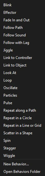 The Add Behavior menu listing the built-in behaviors, then New Behavior and Open Behaviors Folder