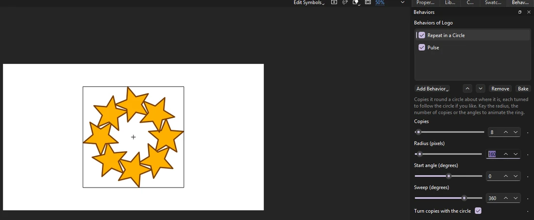 The Behaviors panel listing Repeat in a Circle and Pulse on a star logo, with the copies, radius, start angle and sweep settings, and the star drawn as a ring of eight copies on the stage