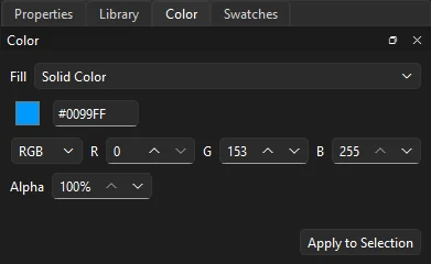 Color panel set to Solid Color, with the hex value, R, G and B channels and alpha