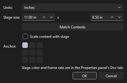 Document Settings dialog with units, stage size, Match Contents, Scale content with stage and a 3 by 3 anchor grid