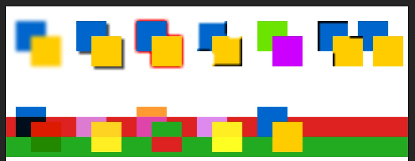 Two rows of overlapping squares: the top row with blur, drop shadow, glow, bevel and adjust color filters, the bottom row with different blend modes over a red and green band