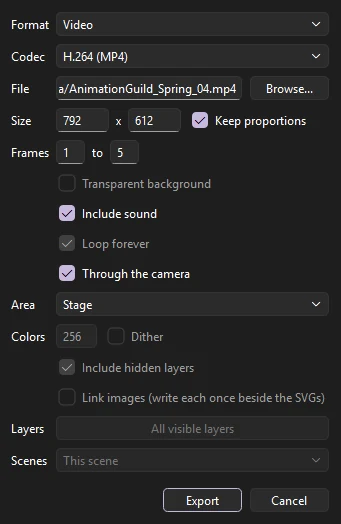 Export Movie dialog with format, codec, file, size, frame range, options, area, GIF colors, SVG options, layers and scenes