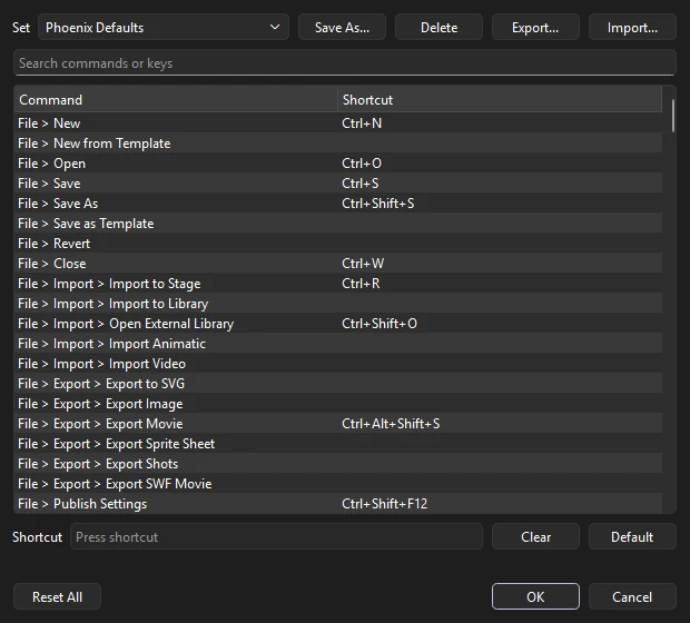 Keyboard Shortcuts dialog with the Set list, a search field, every command with its key, and Clear and Default buttons