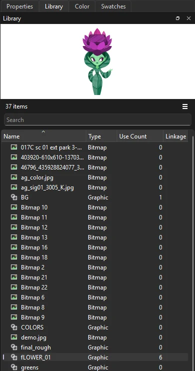 The Library panel with a preview of a selected flower symbol above a searchable list of 37 items with their types, use counts and linkage
