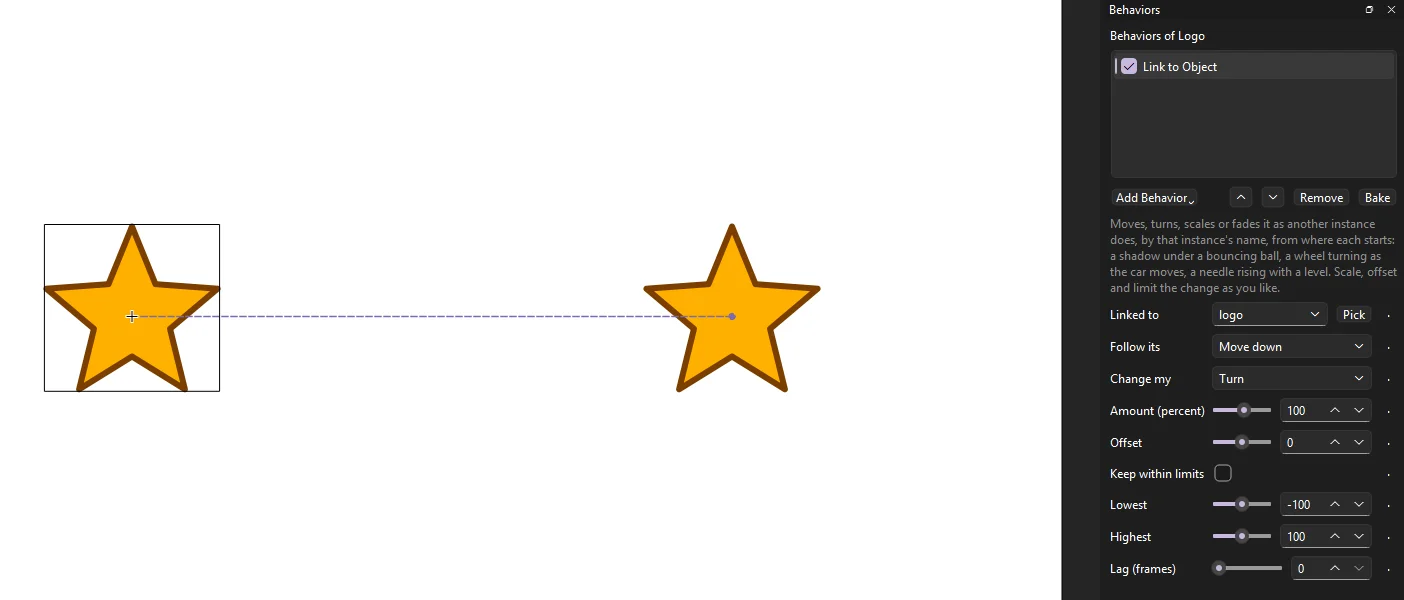 Two stars on the stage with a dashed line from the selected one to the other, and the Behaviors panel showing Link to Object linked to logo, following its Move down to change its Turn