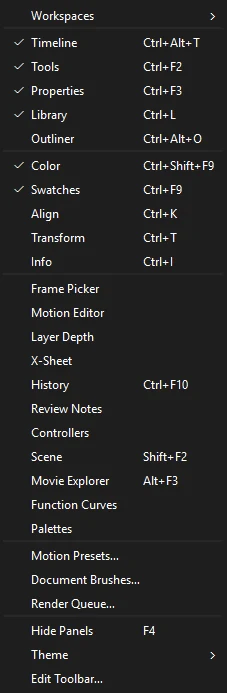The Window menu: Workspaces, the panels with their keys, Motion Presets, Document Brushes, Render Queue, Hide Panels, Theme and Edit Toolbar