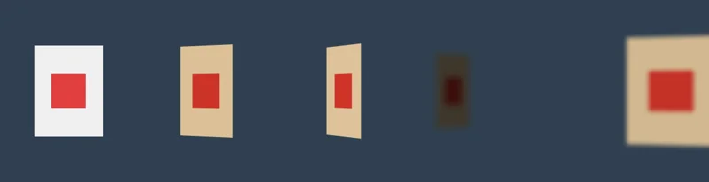 Five cards on a dark blue stage: one flat and unshaded, two turned toward a warm light and lit, one turned away and dark and blurred deep in the stage, and one near the viewer, large and blurred