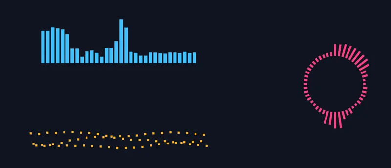 On a dark stage, a row of blue spectrum bars tall at the low end, a ring of pink bars round a circle, and a dotted orange waveform below the row