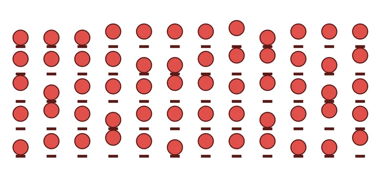 Sixty small red figures in five rows, each at a different point of a hop
