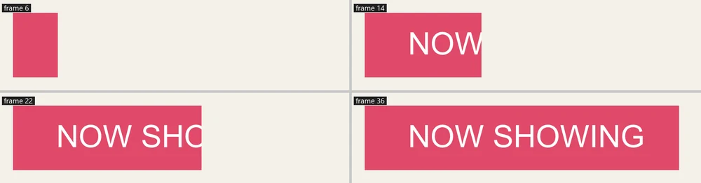 Four frames of a red title card NOW SHOWING appearing from left to right as a bar slides across it