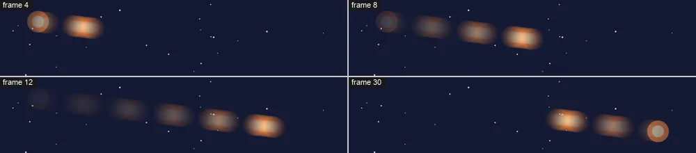 Four frames of an orange comet streaking across a night sky, smeared and trailed by fading echoes