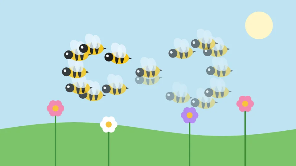 A bee over a meadow of flowers, shown many times along a looping figure-of-eight path it flies