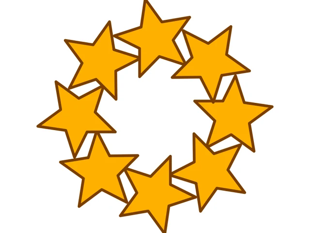 Eight orange stars in a ring, each turned to follow the circle