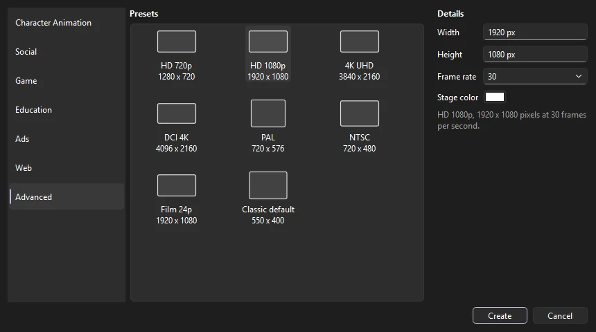 The New Document dialog with categories on the left, preset tiles in the middle, and width, height, frame rate and stage color on the right