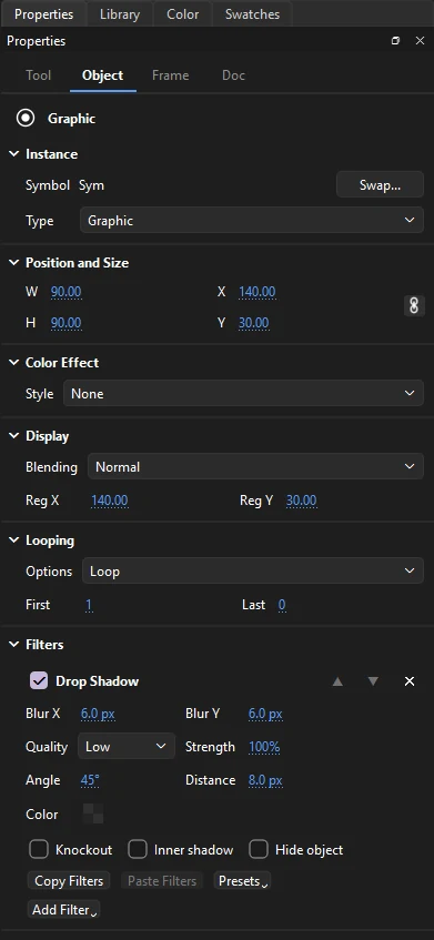 Object tab for an instance with a Drop Shadow filter: blur, quality, strength, angle, distance, color, knockout, inner shadow and hide object, with Copy Filters, Paste Filters, Presets and Add Filter