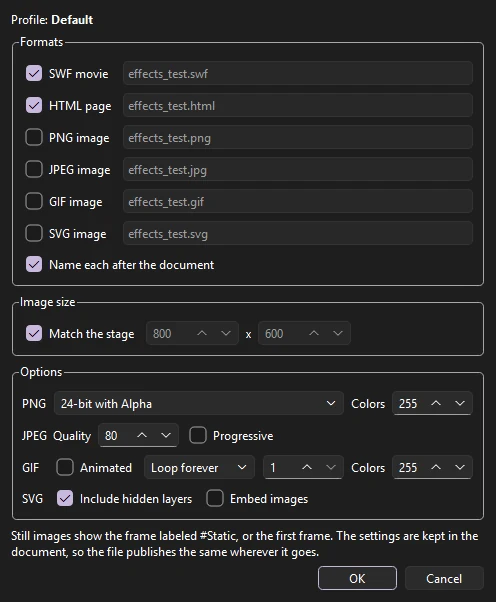 Publish Settings dialog with the formats to publish and their file names, the image size, and PNG, JPEG, GIF and SVG options