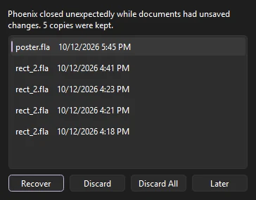 Recover Unsaved Work dialog listing kept copies, newest first, with Recover, Discard, Discard All and Later