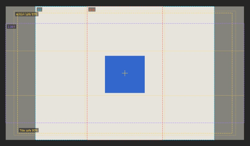 A 1920 by 1080 stage with title safe and action safe rectangles, thirds and a center cross, a 4:3 frame with the stage shaded outside it, and 2.39:1 and 9:16 frames in their own colors