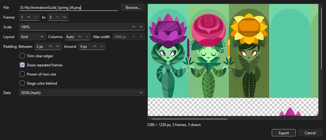 Export Sprite Sheet dialog with frames, scale, layout, padding, trim and data options beside a preview of the sheet