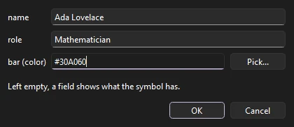 The Template Fields dialog with name set to Ada Lovelace, role to Mathematician, and bar (color) to #30A060, with a Pick button