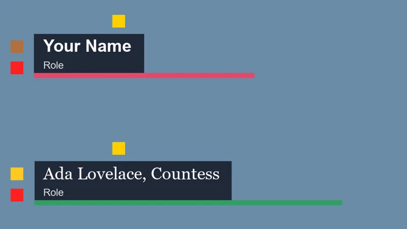Two lower thirds from one symbol: Your Name on a short dark plate, and Ada Lovelace, Countess in Georgia on a plate and green bar stretched to fit, with a gold medal and a red live light