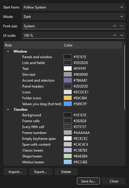 Edit Theme dialog with Start from, Mode, Font size and UI scale above a list of color roles for the window and the timeline