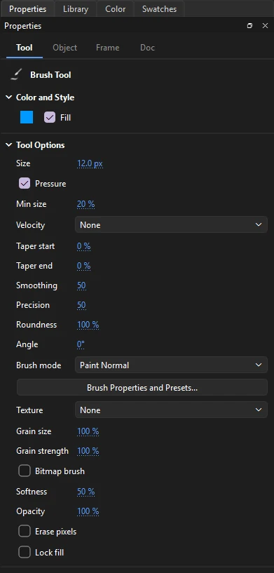 Tool tab for the Brush, with size, pressure, velocity, taper, smoothing and brush mode options