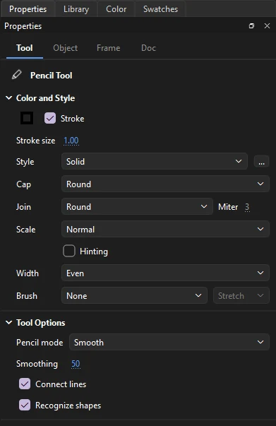 Pencil tool settings: pencil mode, smoothing, connect lines and recognize shapes