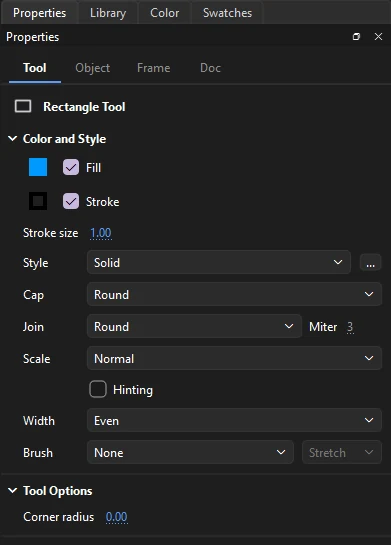 Tool tab for the Rectangle tool with fill, stroke, stroke size, style, cap, join, scale and corner radius