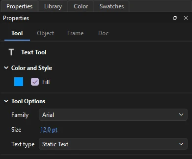 Text tool settings: fill color, font family, size and text type