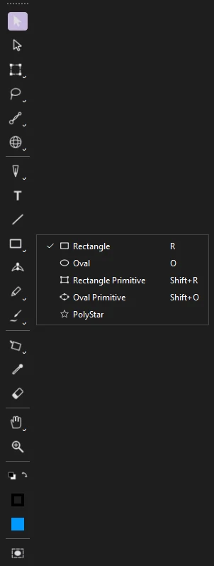 The Tools panel with the shape slot's flyout open, listing Rectangle, Oval, Rectangle Primitive, Oval Primitive and PolyStar