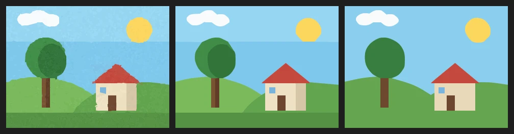 The sample traced three times: at threshold 10 it is crazed with tiny shapes, at 30 each flat color is one clean shape, at 100 the two blues of the sky, the two greens of the tree and the two sides of the house have each run together