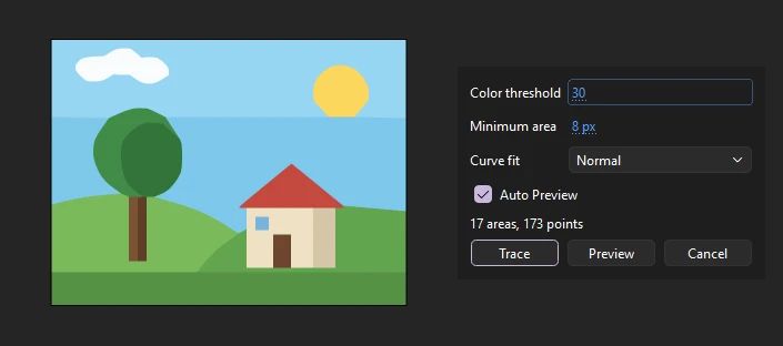 A picture of a tree and a house traced on the stage, beside the Trace Bitmap dialog: Color threshold 30, Minimum area 8 px, Curve fit Normal, Auto Preview on, 17 areas, 173 points