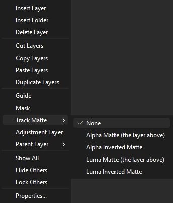 A layer's right-click menu with Track Matte open on None, Alpha Matte, Alpha Inverted Matte, Luma Matte and Luma Inverted Matte, and Adjustment Layer below it