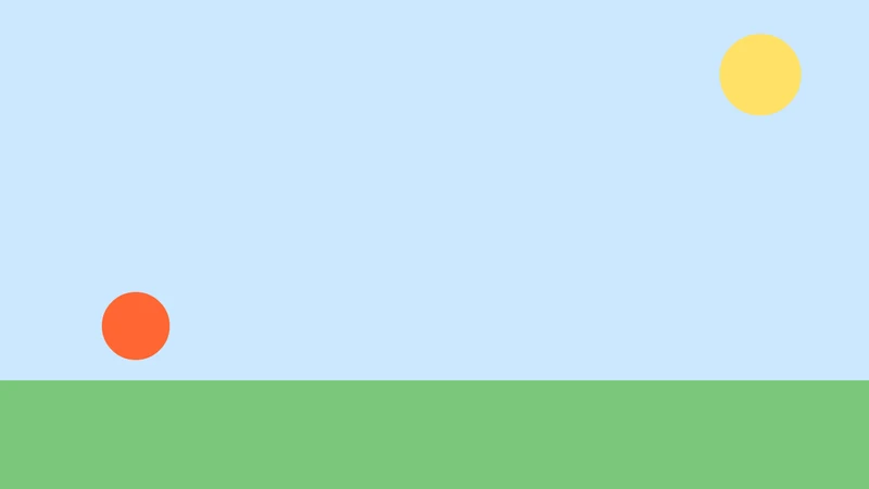 A pale blue sky over green ground with an orange ball at the left and a yellow sun at the top right