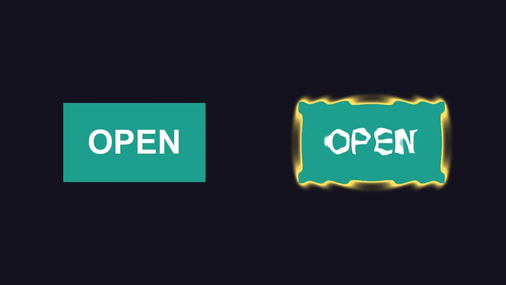 Two teal OPEN signs on a dark stage: the left one plain, the right one rippling with a glowing yellow outline